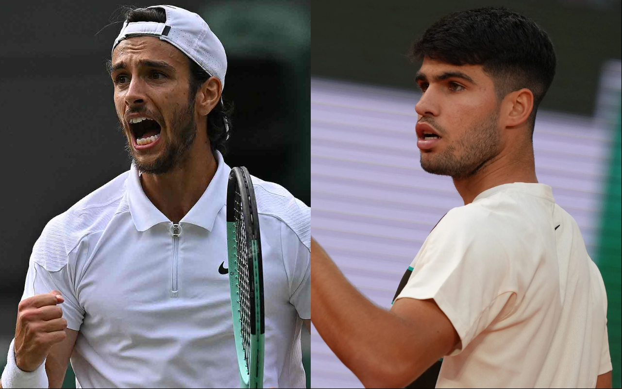 Musetti e Alcaraz (Fotos: Dimitar Dilkoff e Andrej Isakovic / AFP)